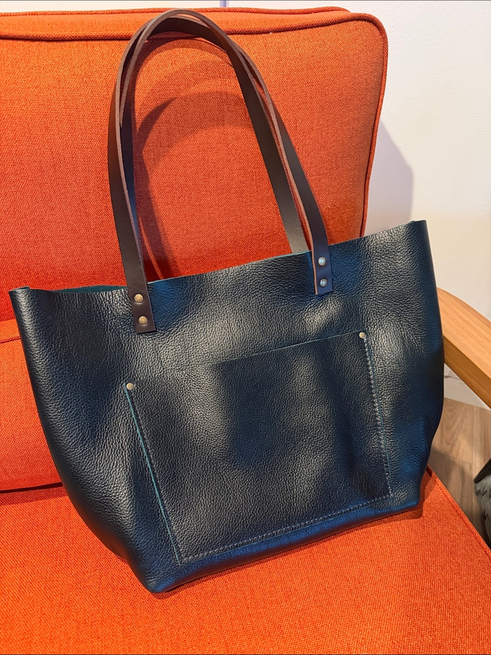 Blue Leather Tote Bag with Brown Handles from Portland Leather - Unicorn